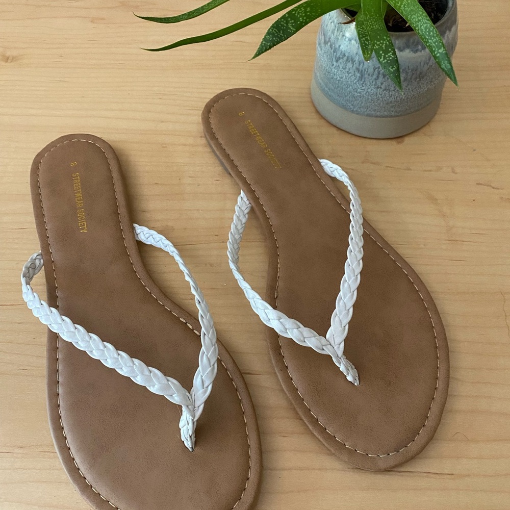 Women's White and Tan Flip Flops